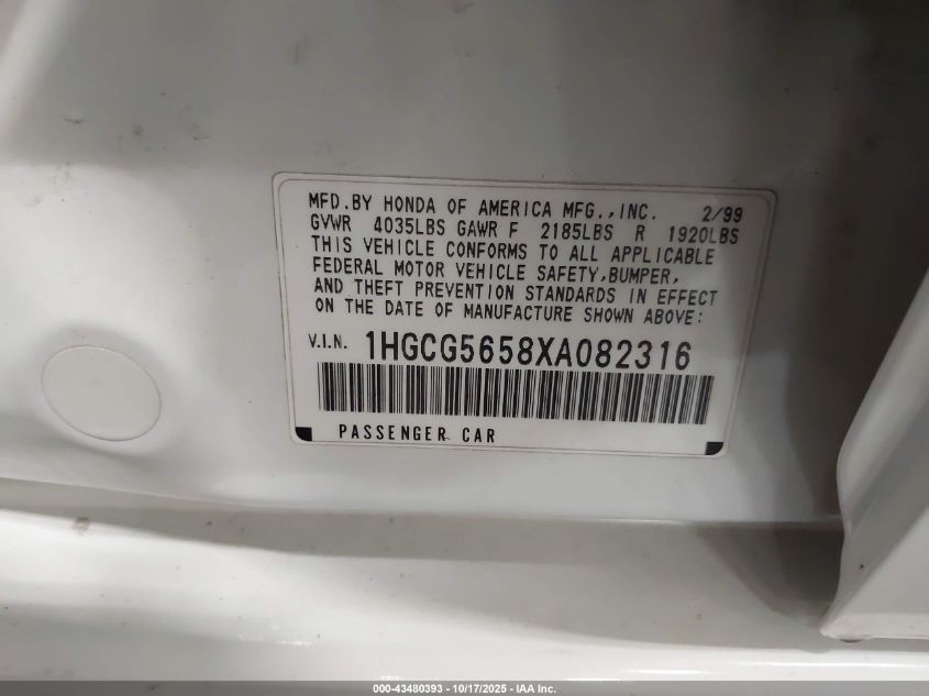 1999 Honda Accord Ex VIN: 1HGCG5658XA082316 Lot: 43480393