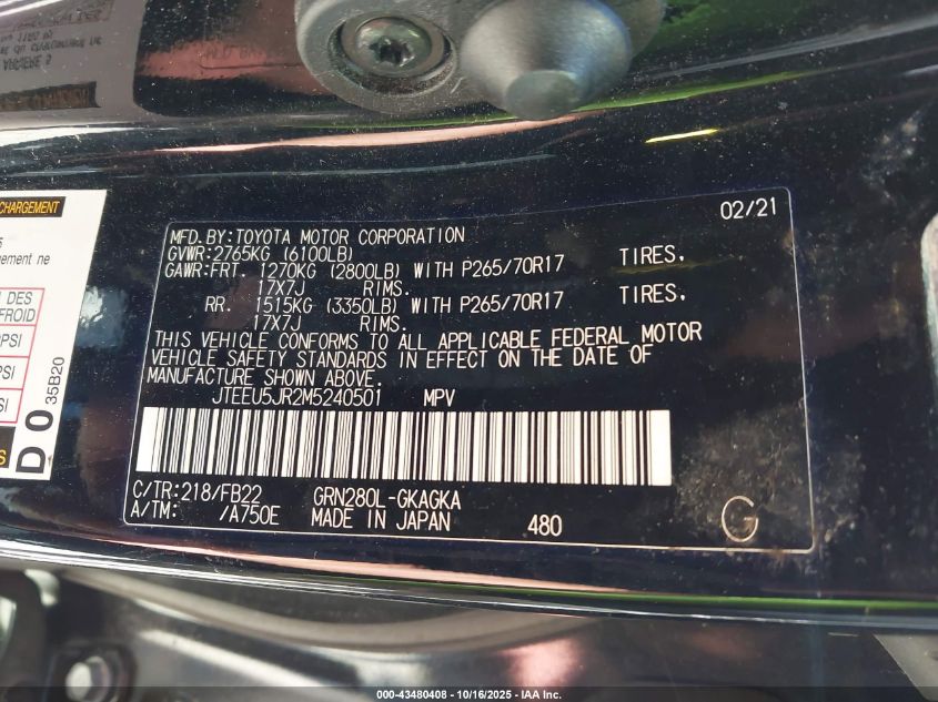 2021 Toyota 4Runner Sr5 VIN: JTEEU5JR2M5240501 Lot: 43480408