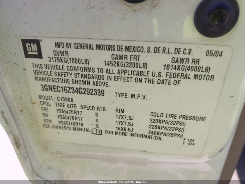 2004 Chevrolet Suburban 1500 Ls VIN: 3GNEC16Z34G292339 Lot: 43480412