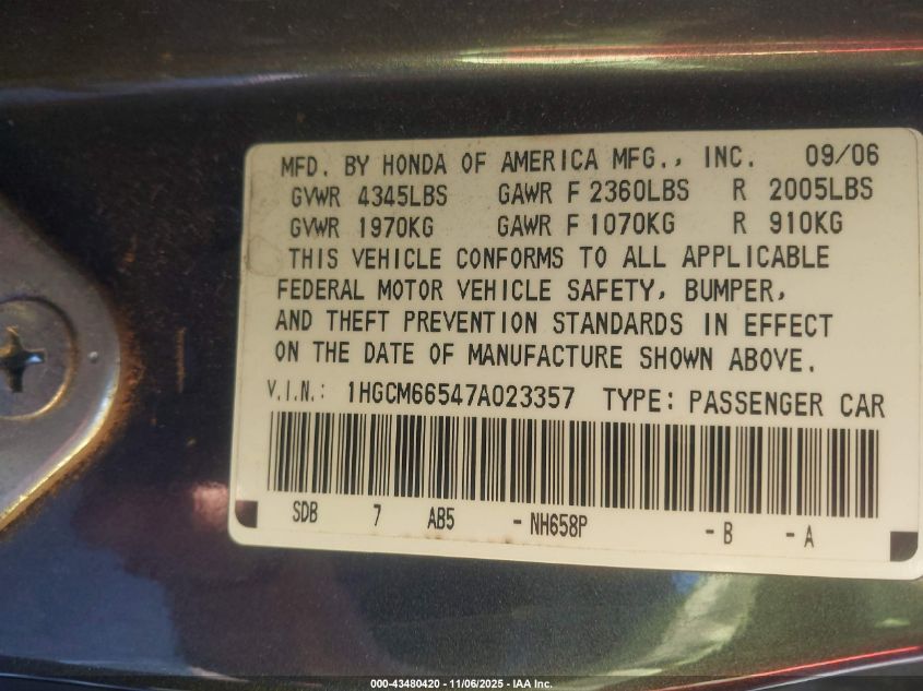 2007 Honda Accord 3.0 Ex VIN: 1HGCM66547A023357 Lot: 43480420