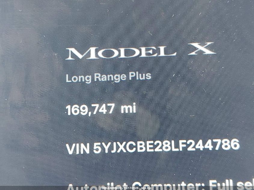 2020 Tesla Model X Long Range Dual Motor All-Wheel Drive/Long Range Plus Dual Motor All-Wheel Drive VIN: 5YJXCBE28LF244786 Lot: 43480435