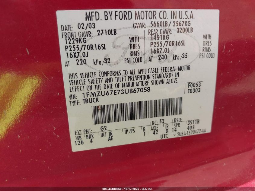 2003 Ford Explorer Sport Trac Xls/Xlt VIN: 1FMZU67E73UB67058 Lot: 43480550