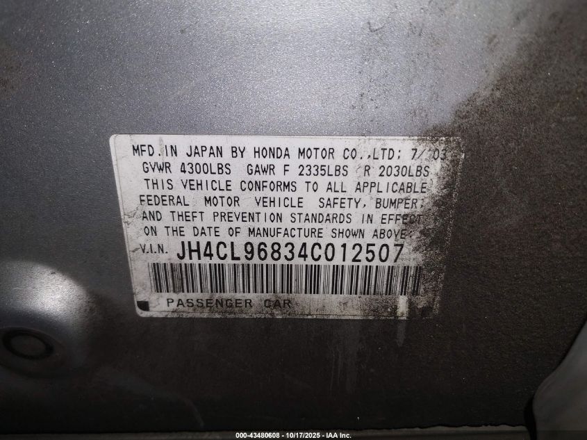 2004 Acura Tsx VIN: JH4CL96834C012507 Lot: 43480608