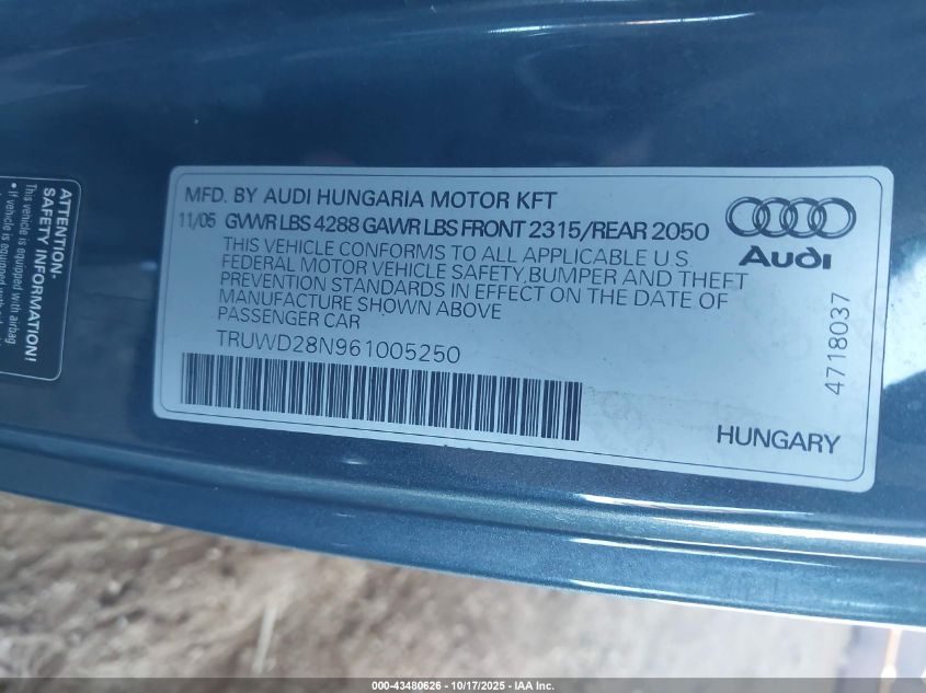 2006 Audi Tt 3.2L VIN: TRUWD28N961005250 Lot: 43480626