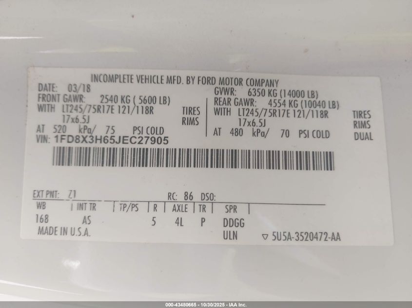 2018 Ford F-350 Chassis Xl VIN: 1FD8X3H65JEC27905 Lot: 43480665