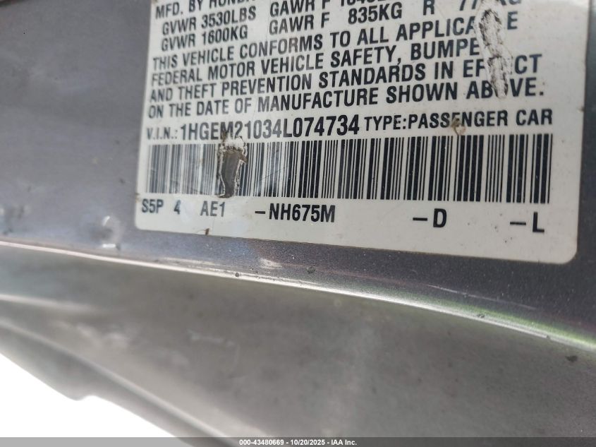 2004 Honda Civic Ex VIN: 1HGEM21034L074734 Lot: 43480669