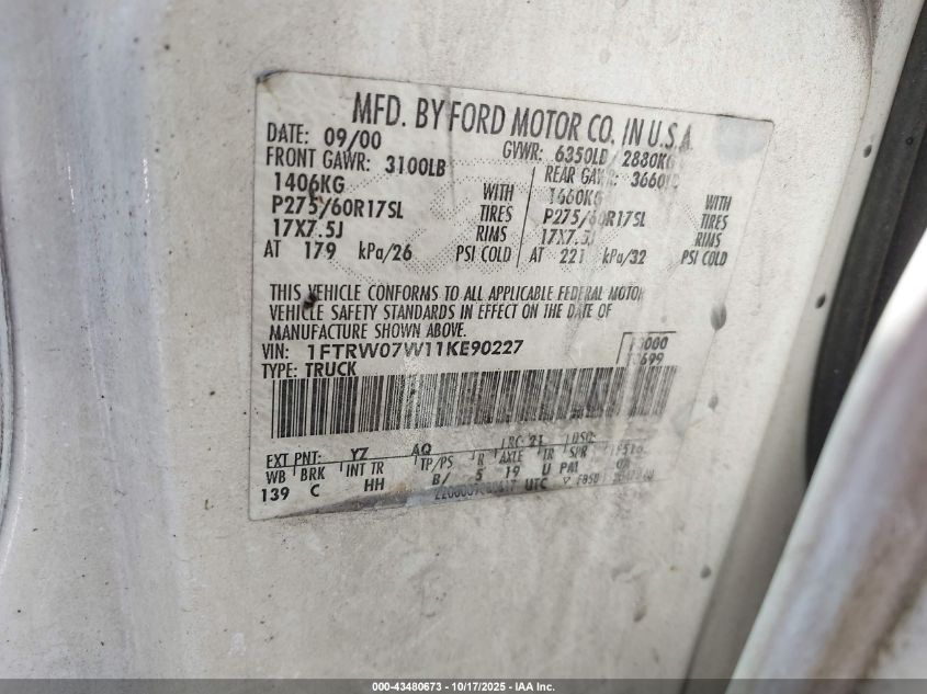 2001 Ford F-150 Harley-Davidson Edition/King Ranch Edition/Lariat/Xlt VIN: 1FTRW07W11KE90227 Lot: 43480673