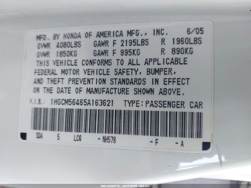 2005 Honda Accord 2.4 Lx VIN: 1HGCM56465A163621 Lot: 43480718