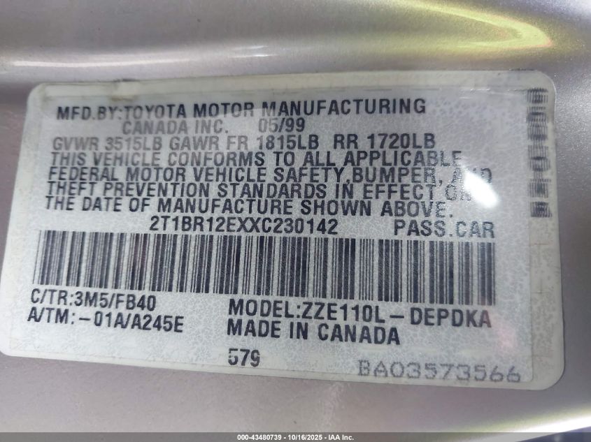 1999 Toyota Corolla Ce VIN: 2T1BR12EXXC230142 Lot: 43480739