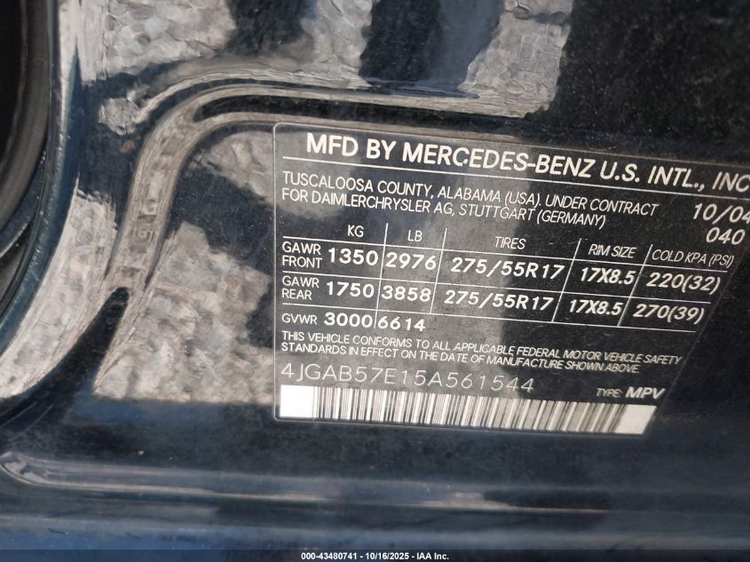 2005 Mercedes-Benz Ml 350 4Matic VIN: 4JGAB57E15A561544 Lot: 43480741