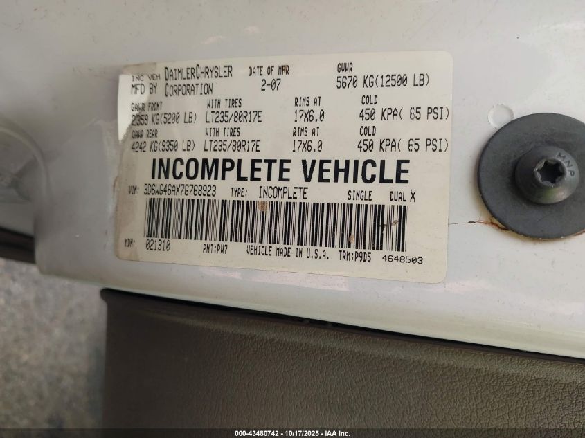 2007 Dodge Ram 3500 Hd Chassis St/Slt VIN: 3D6WG46AX7G768923 Lot: 43480742