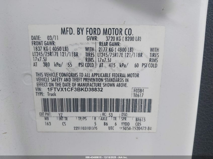 2011 Ford F-150 Xl VIN: 1FTVX1CF3BKD38832 Lot: 43480815