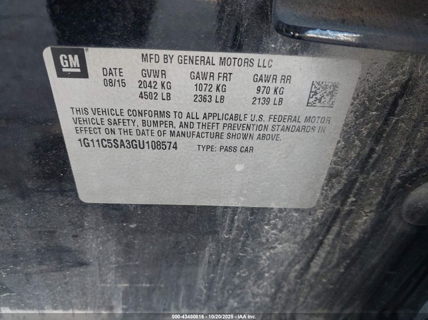 2016 Chevrolet Malibu Limited Lt VIN: 1G11C5SA3GU108574 Lot: 43480816