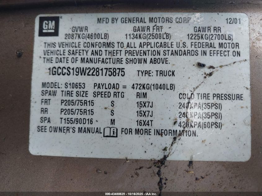 2002 Chevrolet S-10 Ls VIN: 1GCCS19W228175875 Lot: 43480829