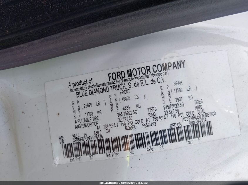 2015 Ford F-650 Xl/Xlt VIN: 3FRNF6FC0FV706476 Lot: 43480882