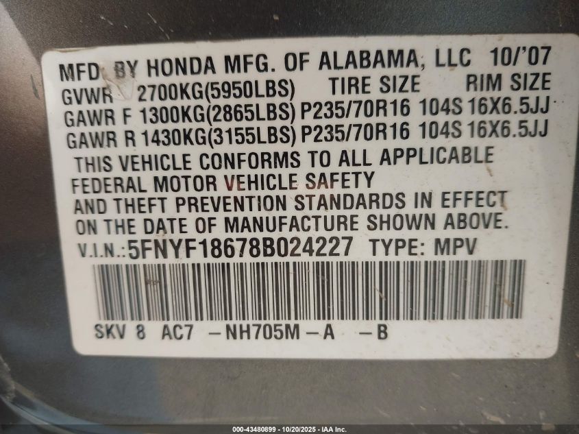 2008 Honda Pilot Ex-L VIN: 5FNYF18678B024227 Lot: 43480899