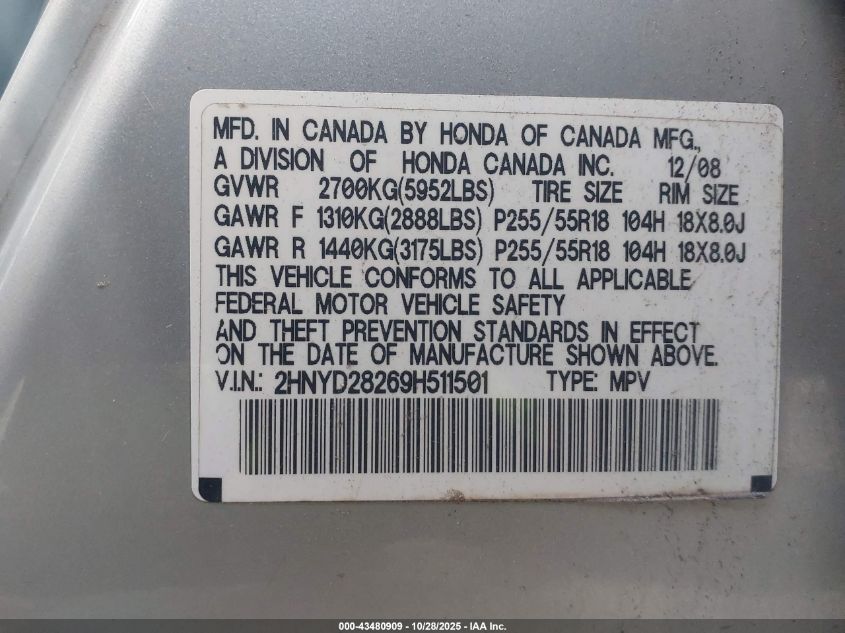 2009 Acura Mdx VIN: 2HNYD28269H511501 Lot: 43480909