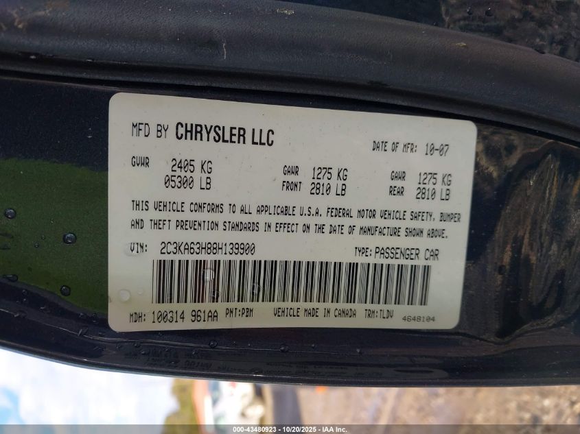 2008 Chrysler 300C Hemi VIN: 2C3KA63H88H139900 Lot: 43480923