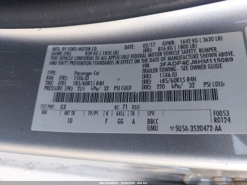 2017 Ford Fiesta Se VIN: 3FADP4EJ6HM115089 Lot: 43480930