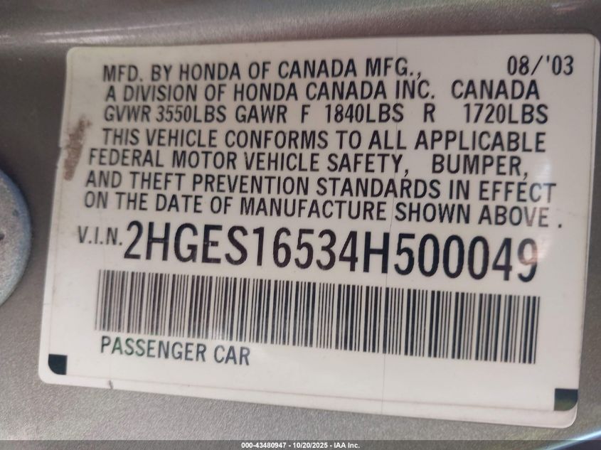 2004 Honda Civic Lx VIN: 2HGES16534H500049 Lot: 43480947