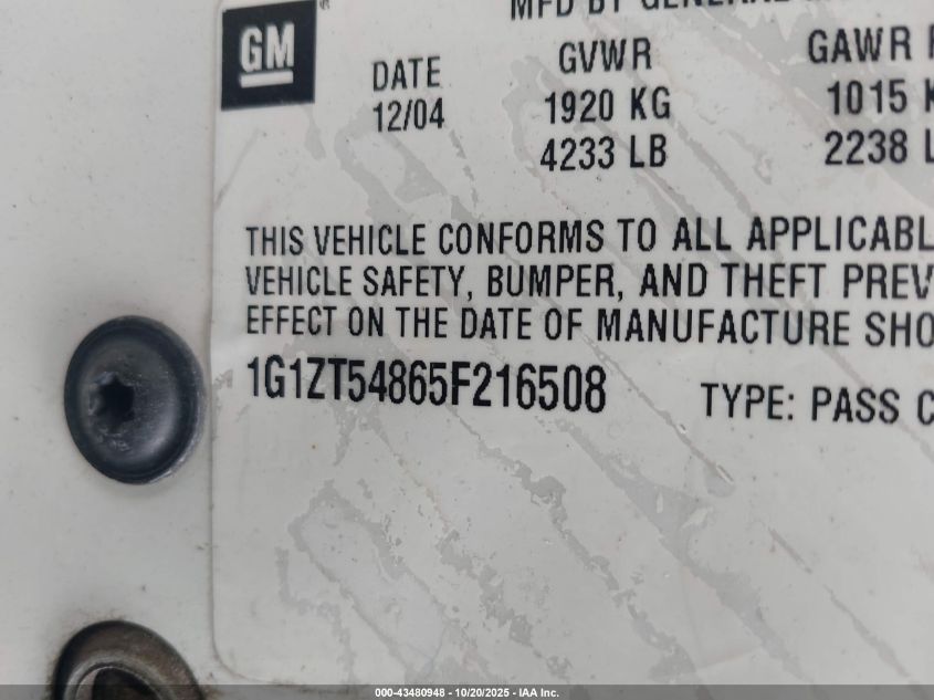 2005 Chevrolet Malibu Ls VIN: 1G1ZT54865F216508 Lot: 43480948