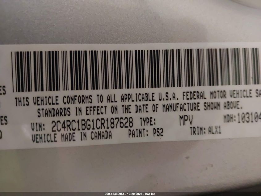 2012 Chrysler Town & Country Touring VIN: 2C4RC1BG1CR187628 Lot: 43480954