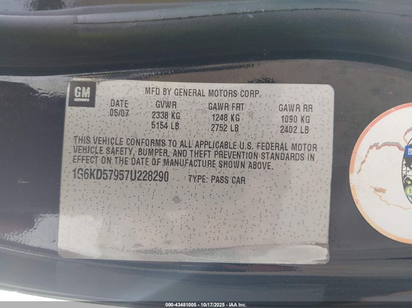 2007 Cadillac Dts Performance VIN: 1G6KD57957U228290 Lot: 43481005