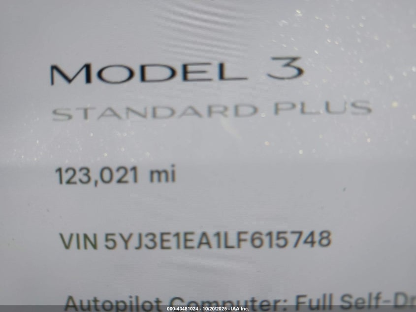 2020 Tesla Model 3 Standard Range Plus Rear-Wheel Drive/Standard Range Rear-Wheel Drive VIN: 5YJ3E1EA1LF615748 Lot: 43481024