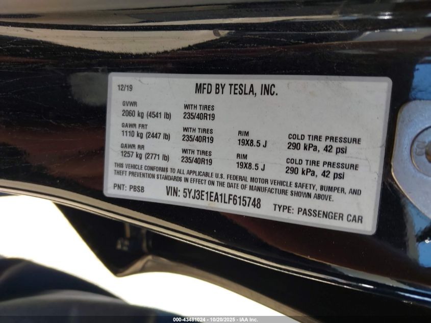 2020 Tesla Model 3 Standard Range Plus Rear-Wheel Drive/Standard Range Rear-Wheel Drive VIN: 5YJ3E1EA1LF615748 Lot: 43481024