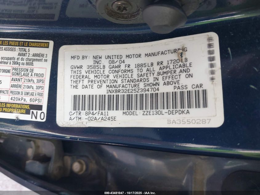 2005 Toyota Corolla Ce VIN: 1NXBR32E25Z394704 Lot: 43481047