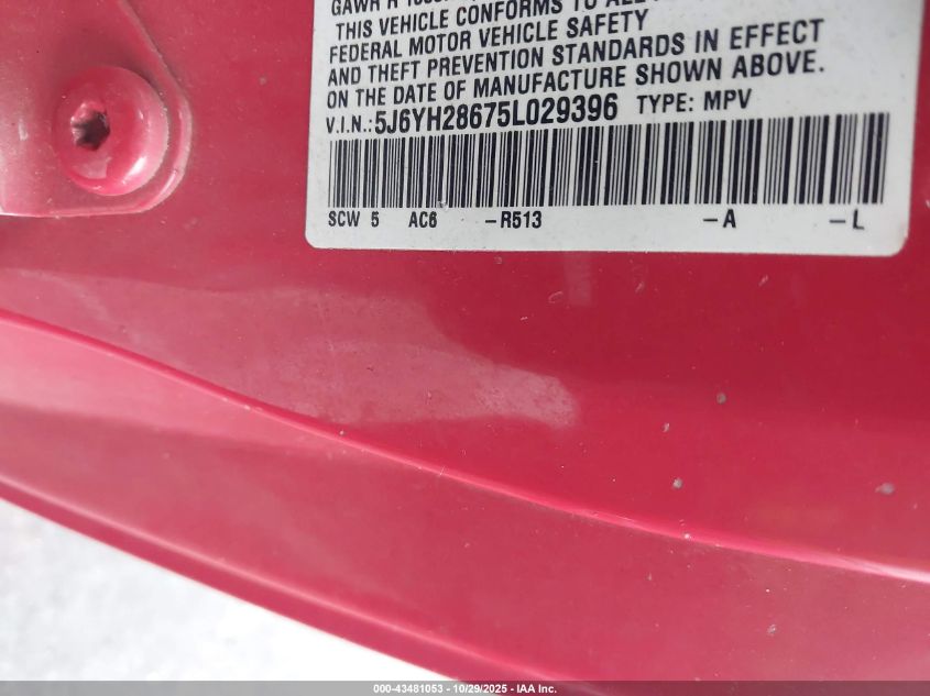 2005 Honda Element Ex VIN: 5J6YH28675L029396 Lot: 43481053