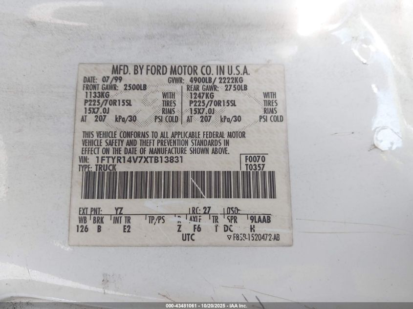 1999 Ford Ranger Xl/Xlt VIN: 1FTYR14V7XTB13831 Lot: 43481061