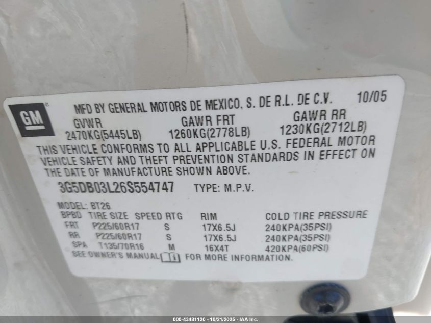 2006 Buick Rendezvous Cx VIN: 3G5DB03L26S554747 Lot: 43481120