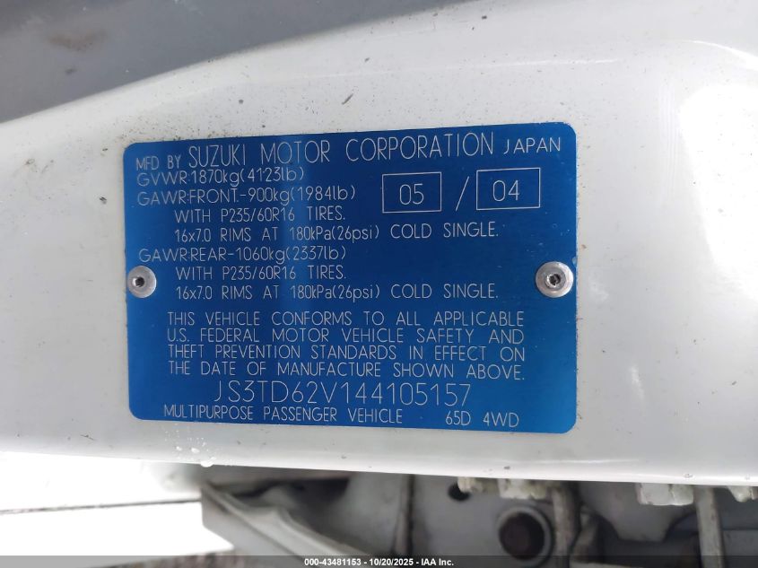 2004 Suzuki Grand Vitara Ex/Lx VIN: JS3TD62V144105157 Lot: 43481153