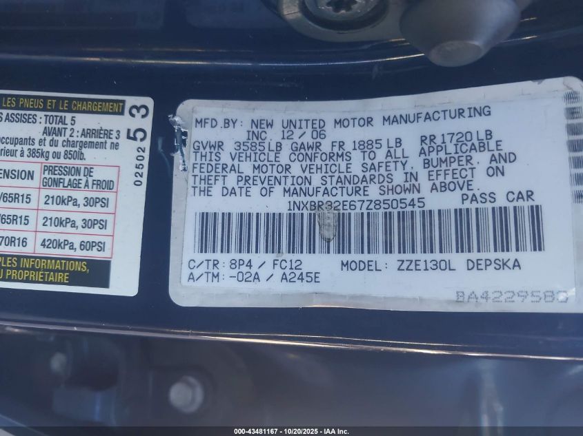 2007 Toyota Corolla S VIN: 1NXBR32E67Z850545 Lot: 43481167