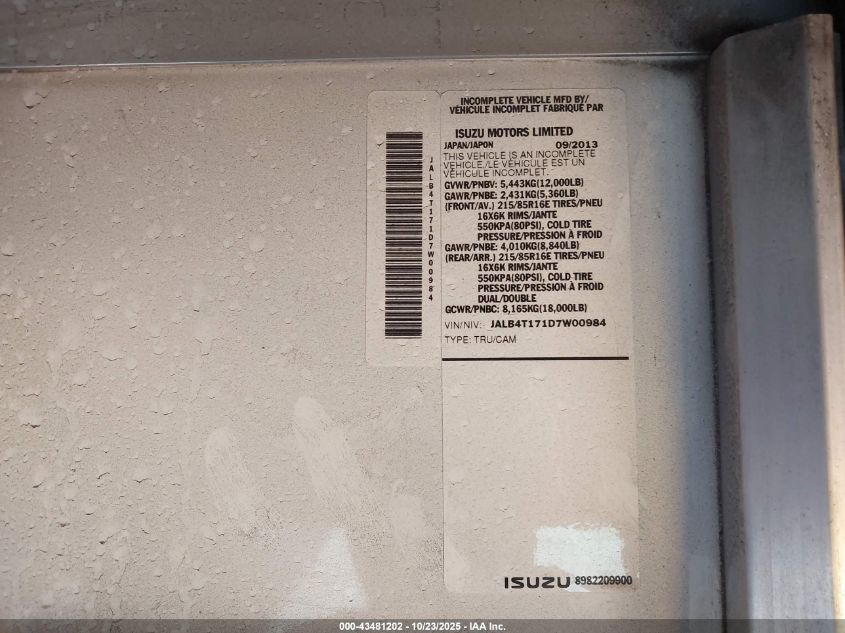 2013 Isuzu Commercial Van VIN: JALB4T171D7W00984 Lot: 43481202