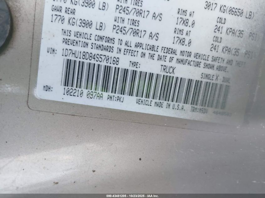 2004 Dodge Ram 1500 Slt/Laramie VIN: 1D7HU18D84S570168 Lot: 43481205