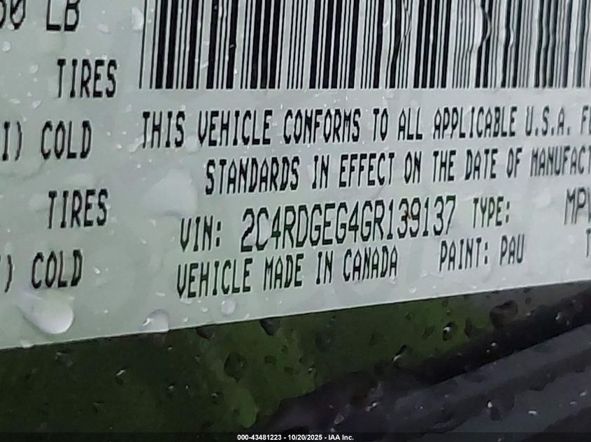 2016 Dodge Grand Caravan R/T VIN: 2C4RDGEG4GR139137 Lot: 43481223