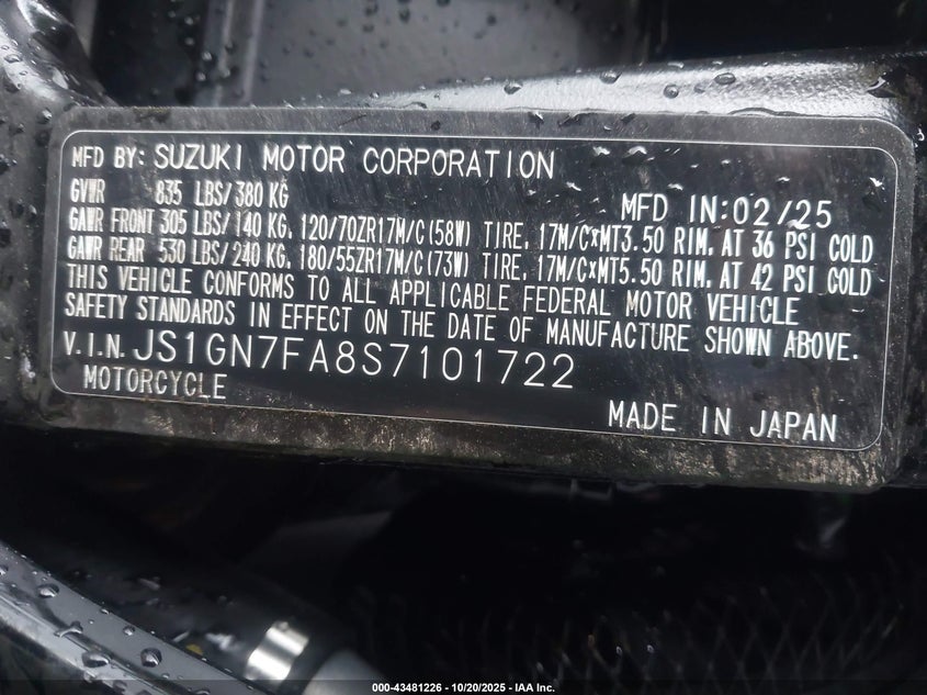2025 Suzuki Gsx-R600 VIN: JS1GN7FA8S7101722 Lot: 43481226