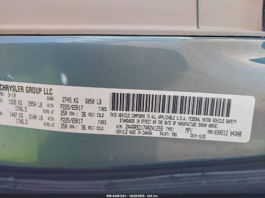 2010 Chrysler Town & Country Touring VIN: 2A4RR5D17AR241259 Lot: 43481241