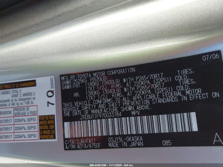 2007 Toyota Fj Cruiser VIN: JTEBU11F970033784 Lot: 43481256