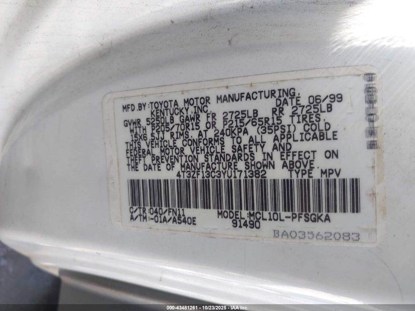 2000 Toyota Sienna Le VIN: 4T3ZF13C3YU171382 Lot: 43481261