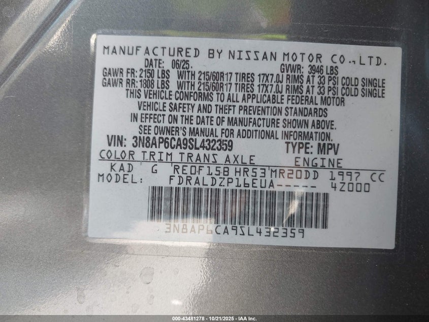 2025 NISSAN KICKS SV FWD 3N8AP6CA9SL432359