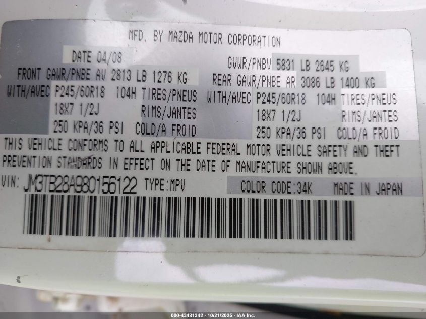 2008 Mazda Cx-9 Sport VIN: JM3TB28A980156122 Lot: 43481342