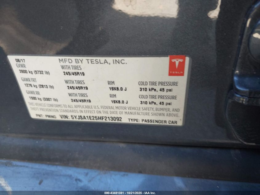 2017 Tesla Model S 100D/60D/75D/90D/P100D VIN: 5YJSA1E25HF213092 Lot: 43481381