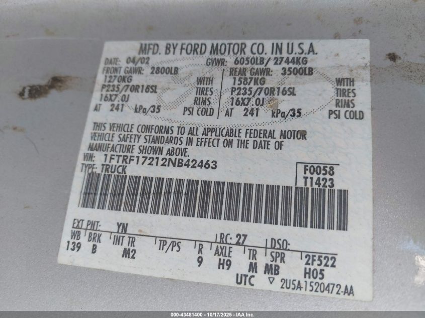 2002 Ford F-150 Xl/Xlt VIN: 1FTRF17212NB42463 Lot: 43481400