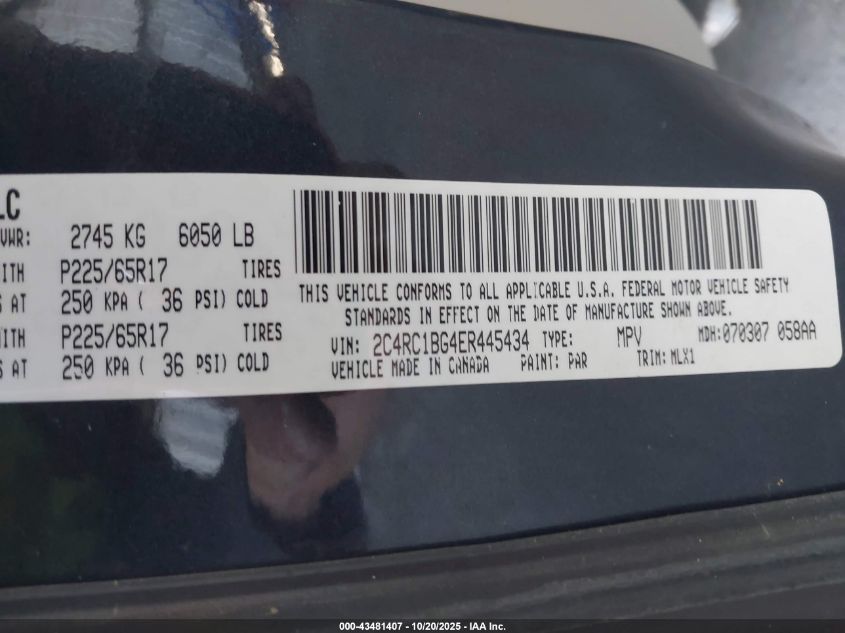 2014 Chrysler Town & Country Touring VIN: 2C4RC1BG4ER445434 Lot: 43481407