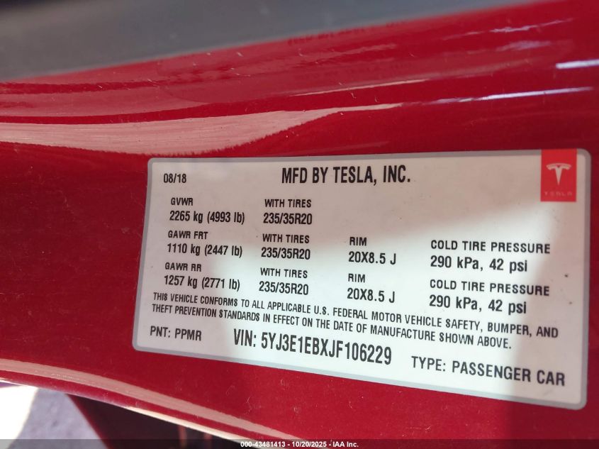 2018 Tesla Model 3 Long Range/Performance VIN: 5YJ3E1EBXJF106229 Lot: 43481413