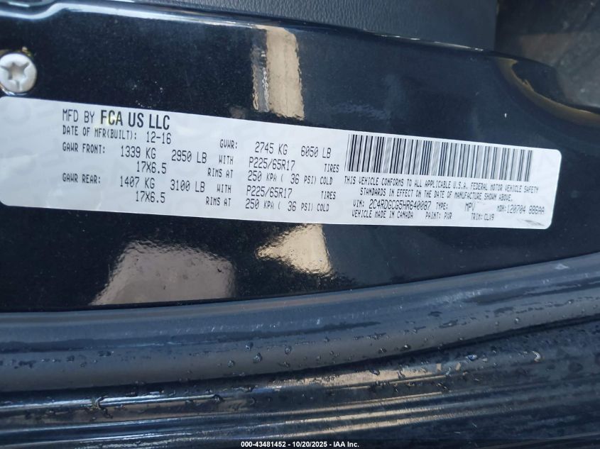 2017 Dodge Grand Caravan Sxt VIN: 2C4RDGCG5HR640087 Lot: 43481452