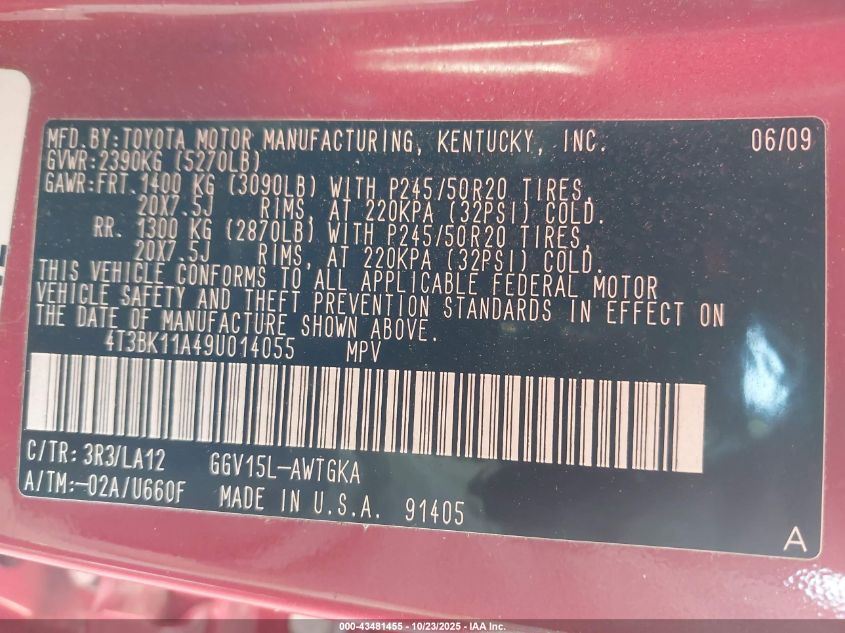 2009 Toyota Venza Base V6 VIN: 4T3BK11A49U014055 Lot: 43481455